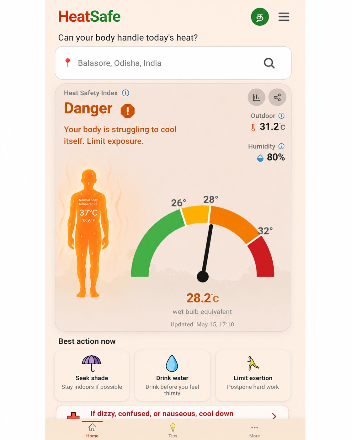 HeatSafe reading for Balasore, Odisha: outdoor 31.2°C, wet-bulb 28.2°C, Danger zone
