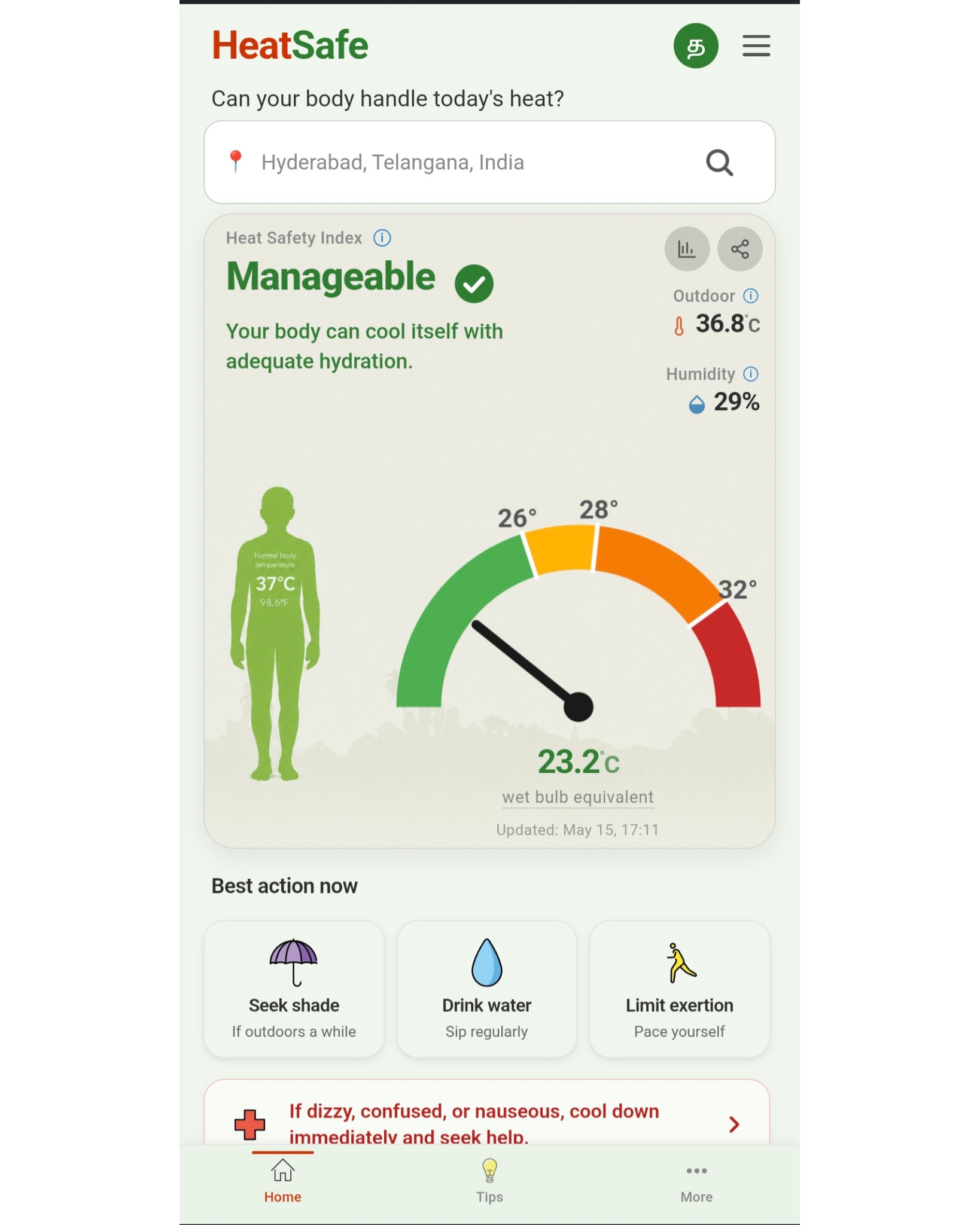 HeatSafe reading for Hyderabad: outdoor 36.8°C, wet-bulb 23.2°C, Manageable zone