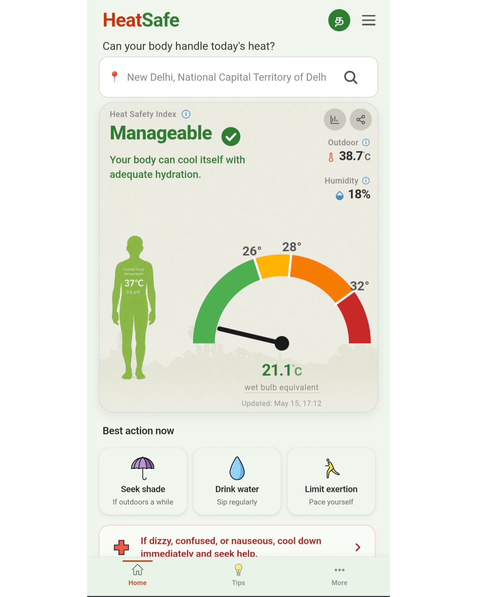 HeatSafe reading for New Delhi: outdoor 38.7°C, wet-bulb 21.1°C, Manageable zone